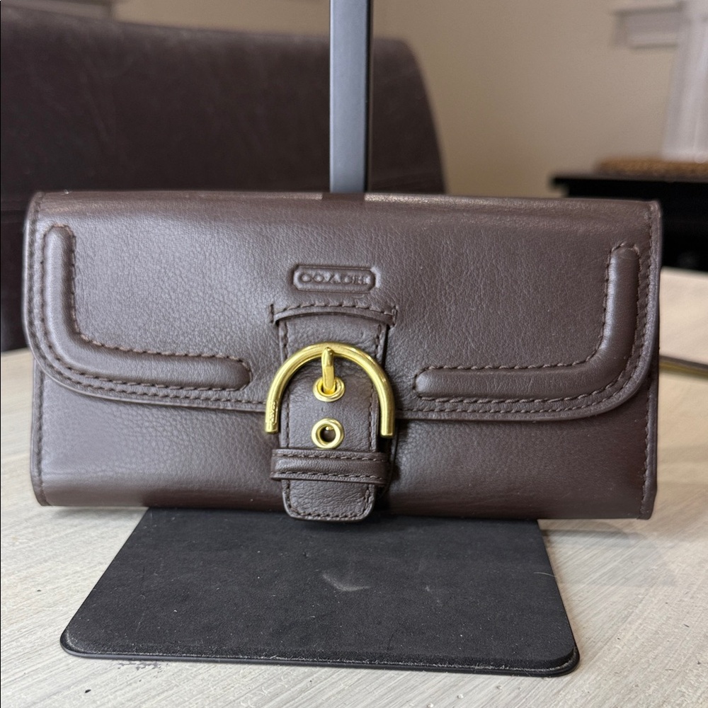 Coach Campbell Mahogany Leather Wallet with Gold Accent